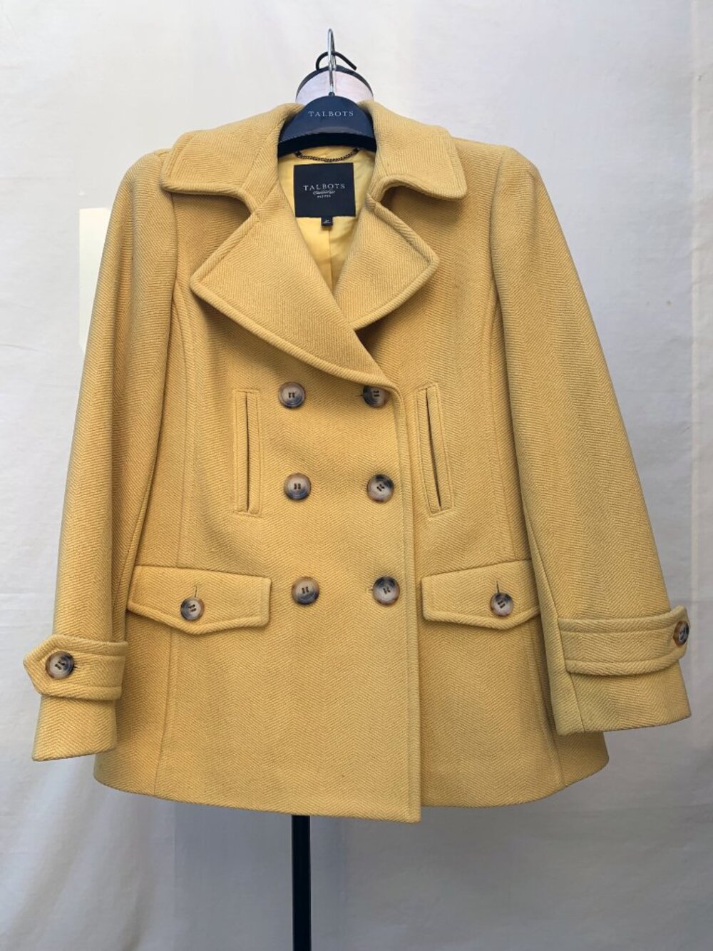 Talbots Petite 2P Mustard Yellow Herringbone Wool Blend Peacoat